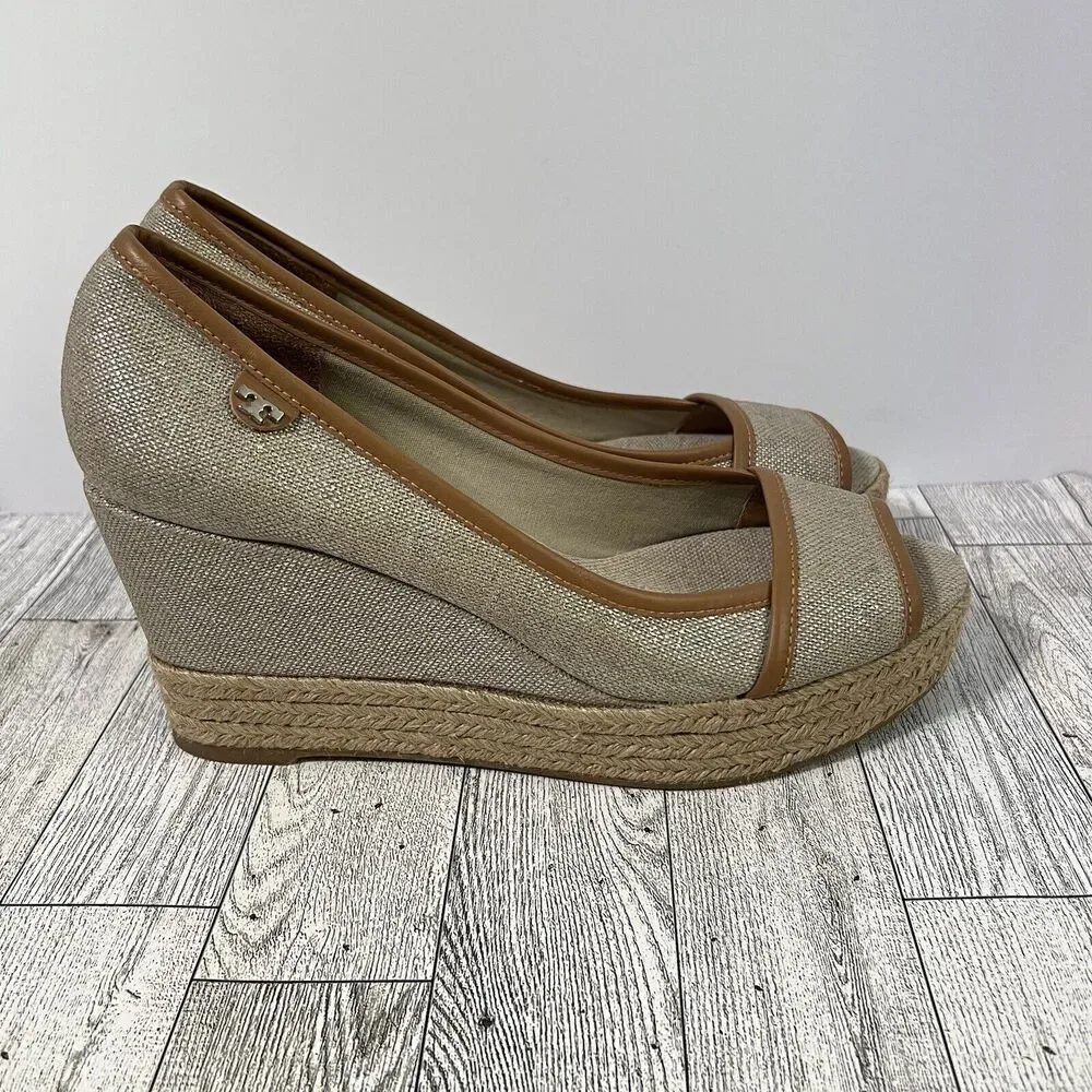 Tory Burch Beige and Brown Espadrille Wedge Peep-Toe